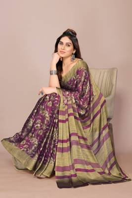 Wine chiffon floral print stripes print saree with unstiched blouse piece 2