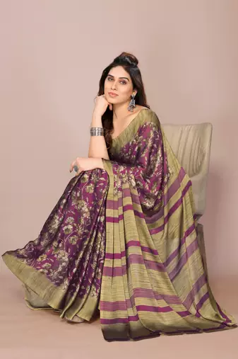Wine chiffon floral print stripes print saree with unstiched blouse piece