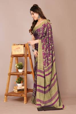 Wine chiffon floral print stripes print saree with unstiched blouse piece 3