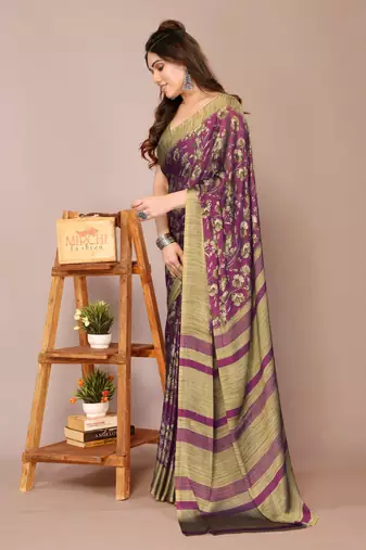 Wine chiffon floral print stripes print saree with unstiched blouse piece