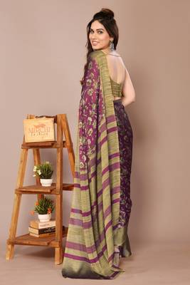 Wine chiffon floral print stripes print saree with unstiched blouse piece 4