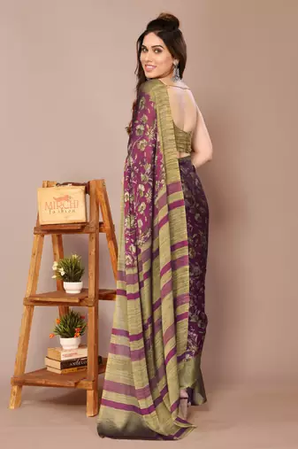 Wine chiffon floral print stripes print saree with unstiched blouse piece