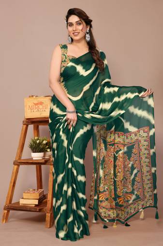 Dark green chiffon leheriya madhubani print tassels saree with unstiched blouse piece