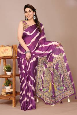 Magenta chiffon leheriya madhubani print tassels saree with unstiched blouse piece 1