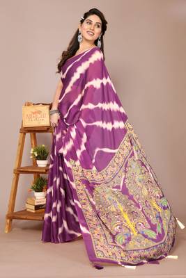 Magenta chiffon leheriya madhubani print tassels saree with unstiched blouse piece 2