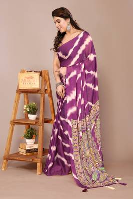 Magenta chiffon leheriya madhubani print tassels saree with unstiched blouse piece 3