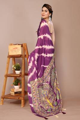 Magenta chiffon leheriya madhubani print tassels saree with unstiched blouse piece 4