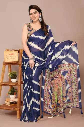 Navy blue chiffon leheriya madhubani print tassels saree with unstiched blouse piece