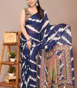 Navy blue chiffon leheriya madhubani print tassels saree with unstiched blouse piece