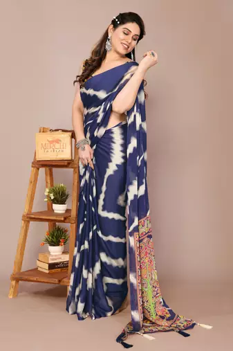 Navy blue chiffon leheriya madhubani print tassels saree with unstiched blouse piece