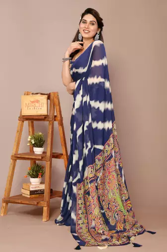 Navy blue chiffon leheriya madhubani print tassels saree with unstiched blouse piece