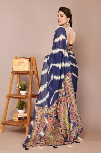 Navy blue chiffon leheriya madhubani print tassels saree with unstiched blouse piece