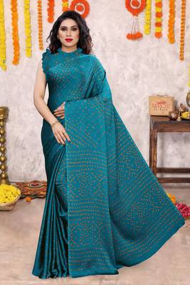 Dark turquoise chiffon bandhani block print saree with unstiched blouse piece 1
