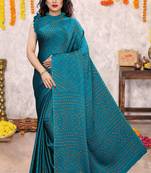 Dark turquoise chiffon bandhani block print saree with unstiched blouse piece