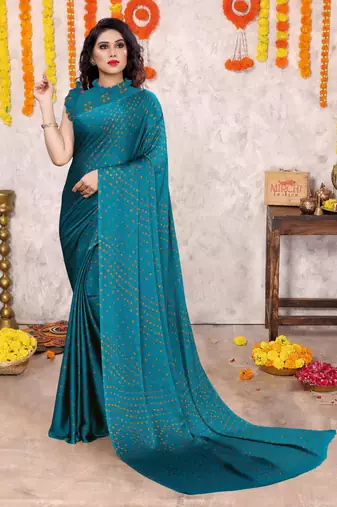 Dark turquoise chiffon bandhani block print saree with unstiched blouse piece