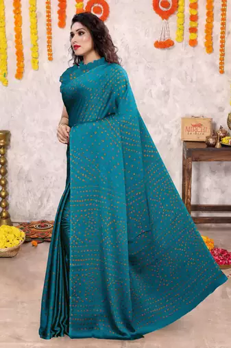 Dark turquoise chiffon bandhani block print saree with unstiched blouse piece