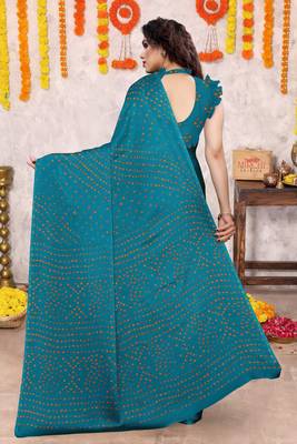 Dark turquoise chiffon bandhani block print saree with unstiched blouse piece 4