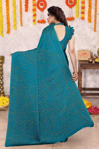 Dark turquoise chiffon bandhani block print saree with unstiched blouse piece