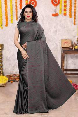 Dark grey chiffon bandhani block print saree with unstiched blouse piece 1