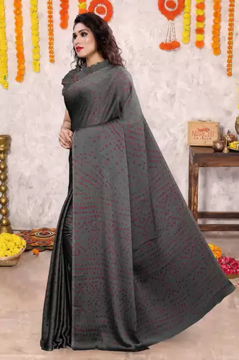 Dark grey chiffon bandhani block print saree with unstiched blouse piece