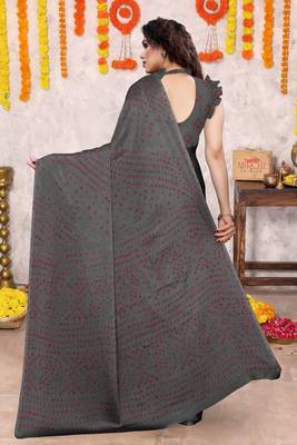 Dark grey chiffon bandhani block print saree with unstiched blouse piece 4