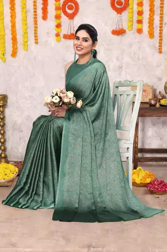 Dusty teal chiffon floral botanical print printed saree with unstiched blouse piece