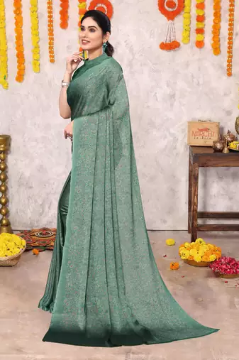Dusty teal chiffon floral botanical print printed saree with unstiched blouse piece