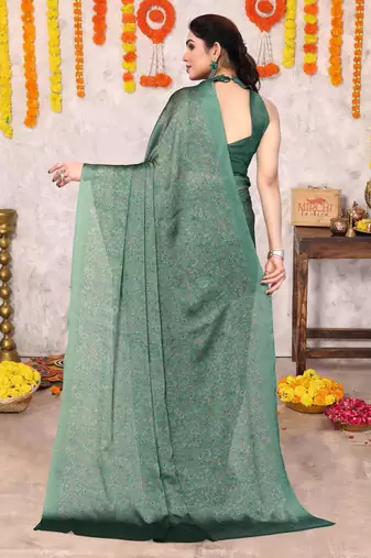 Dusty teal chiffon floral botanical print printed saree with unstiched blouse piece