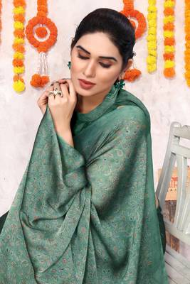 Dusty teal chiffon floral botanical print printed saree with unstiched blouse piece 5