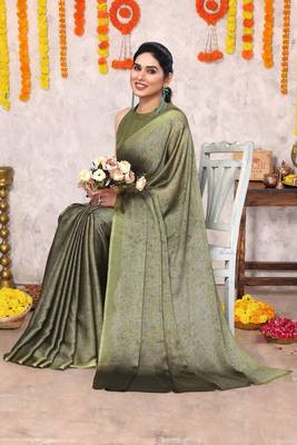 Olive green chiffon floral botanical print printed saree with unstiched blouse piece 2
