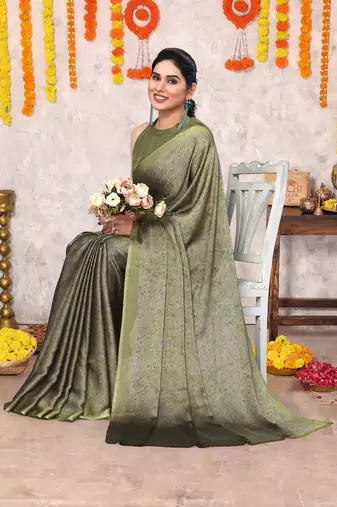 Olive green chiffon floral botanical print printed saree with unstiched blouse piece