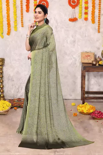 Olive green chiffon floral botanical print printed saree with unstiched blouse piece