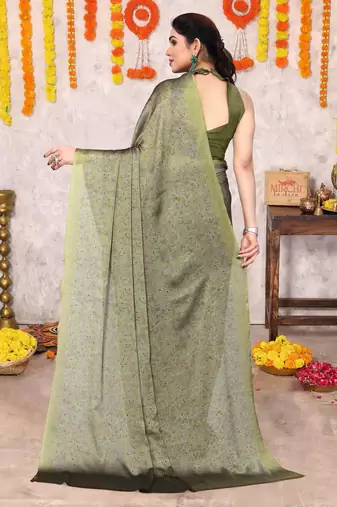 Olive green chiffon floral botanical print printed saree with unstiched blouse piece