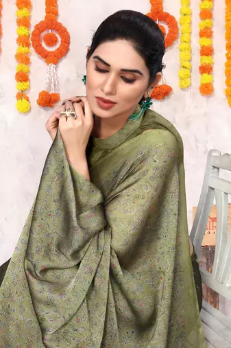 Olive green chiffon floral botanical print printed saree with unstiched blouse piece