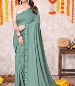 Dusty teal silk blend plain plastic mirror work border saree with unstiched blouse piece