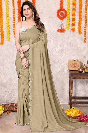 Dusty gold silk blend plain plastic mirror work border saree with unstiched blouse piece