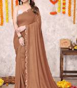 Dark rust silk blend plain plastic mirror work border saree with unstiched blouse piece