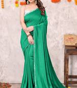 Green silk blend plain plastic mirror work border saree with unstiched blouse piece
