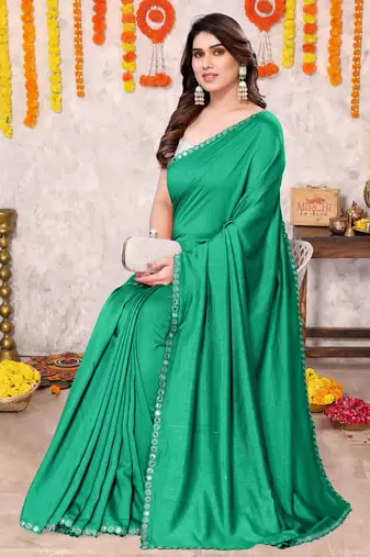 Green silk blend plain plastic mirror work border saree with unstiched blouse piece