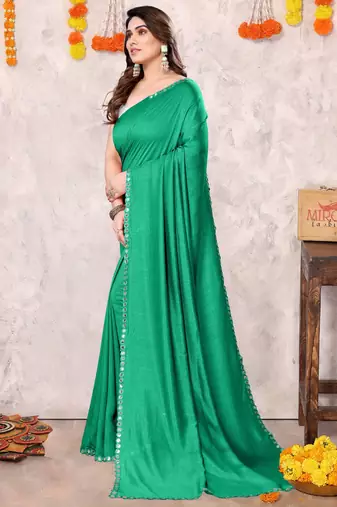 Green silk blend plain plastic mirror work border saree with unstiched blouse piece
