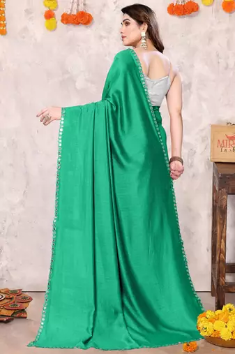Green silk blend plain plastic mirror work border saree with unstiched blouse piece