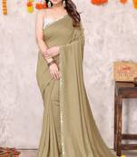 Dusty gold silk blend plain plastic mirror work border saree with unstiched blouse piece