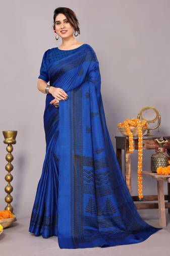 Blue art silk block print saree with unstiched blouse piece