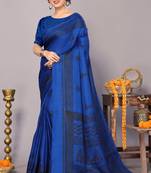 Blue art silk block print saree with unstiched blouse piece