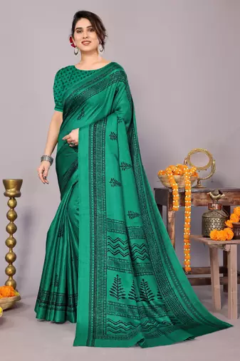 Green art silk block print saree with unstiched blouse piece
