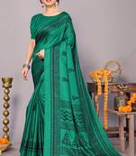 Green art silk block print saree with unstiched blouse piece