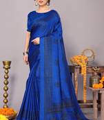 Blue art silk block print saree with unstiched blouse piece