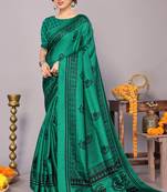 Green art silk block print saree with unstiched blouse piece