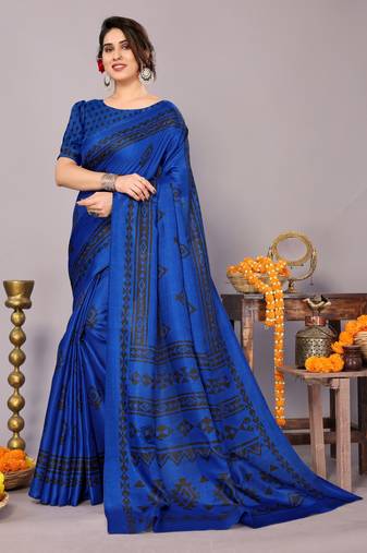 Blue art silk block print saree with unstiched blouse piece
