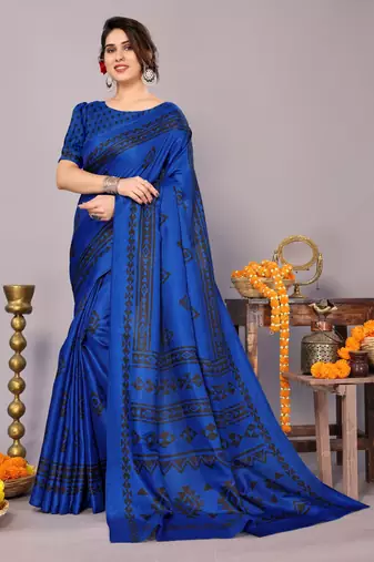 Blue art silk block print saree with unstiched blouse piece